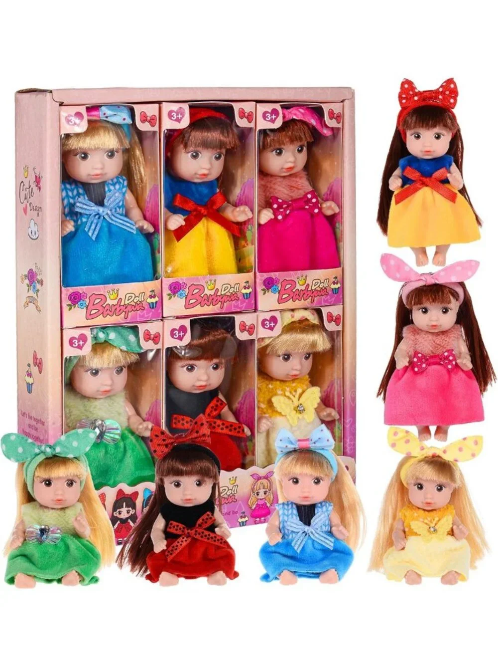 6 Pack Mini Fashion Dolls - 4 Inch Stylable Hair Dolls with Rotatable Limbs